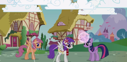 Size: 1084x535 | Tagged: safe, scootaloo, twilight sparkle, oc, oc:absentia, oc:milly, alicorn, pegasus, pony, fanfic:pegasus device, g4, adventures in ponyville, clothes, cloud, cloudy, cutscene, flower, flower in hair, game, glasses, magic, older, older scootaloo, orange pony, ponyville, purple mane, rainbow dash's cloud bump, saddle, scarf, shade, sparkles, tack, twilight sparkle (alicorn), what if, wings