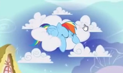 Size: 319x189 | Tagged: safe, rainbow dash, pegasus, pony, g4, adventures in ponyville, arrow, cloud, female, game, game screencap, glowing, lying down, lying on a cloud, mare, multicolored hair, on a cloud, ponyville, prone, rainbow hair, sleeping, sleeping on a cloud, solo, sparkles