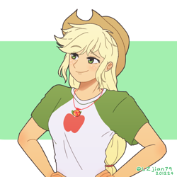 Size: 1200x1200 | Tagged: safe, artist:lzjian79, applejack, equestria girls, g4, my little pony equestria girls: better together, bust, confident, cowboy hat, female, freckles, geode of super strength, hand on hip, hat, magical geodes, solo