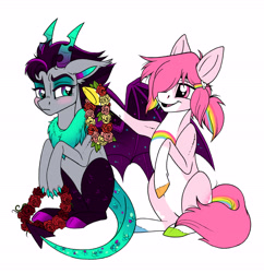 Size: 6103x6312 | Tagged: safe, artist:celestial-rainstorm, oc, oc only, oc:caring heart, oc:mirage, earth pony, pony, absurd resolution, augmented tail, female, floral head wreath, flower, horns, mare, simple background, white background
