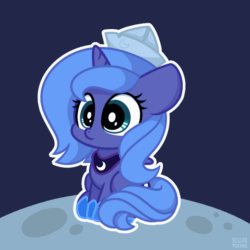 Size: 1000x1000 | Tagged: safe, artist:sugar morning, princess luna, alicorn, pony, g4, animated, blinking, cartographer's cap, cute, diabetes, female, filly, gif, hat, lunabetes, moon, paper hat, simple background, solo, sugar morning is trying to murder us, weapons-grade cute, white outline, woona, younger