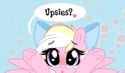 Size: 3248x1904 | Tagged: safe, artist:emberslament, oc, oc only, oc:bay breeze, pegasus, pony, blushing, bow, cute, daaaaaaaaaaaw, female, hair bow, heart, heart eyes, high res, hoof heart, looking at you, looking up, looking up at you, mare, ocbetes, open mouth, simple background, solo, speech bubble, spread wings, talking to viewer, underhoof, upsies, waving, weapons-grade cute, wingding eyes, wings