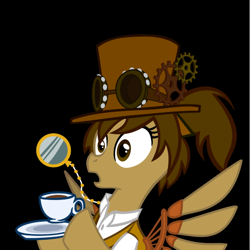 Size: 586x585 | Tagged: safe, artist:whgoops, oc, oc only, oc:abby sprocket, pegasus, pony, clothes, cup, food, gears, goggles, hat, monocle, monocle and top hat, ponytail, shocked, shocked expression, steampunk, tea, top hat