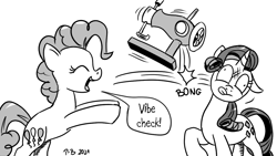 Size: 1200x675 | Tagged: safe, artist:pony-berserker, pinkie pie, rarity, earth pony, pony, unicorn, pony-berserker's twitter sketches, g4, bonk, eyes closed, halftone, monochrome, open mouth, open smile, sewing machine, this will end in the hospital, this will not end well, throwing, tongue out, vibe check