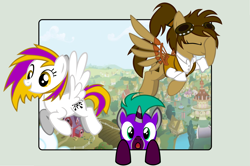 Size: 2605x1731 | Tagged: safe, artist:whgoops, oc, oc only, oc:abby sprocket, pegasus, pony, unicorn, clothes, equestria, facehoof, flying, fourth wall, goggles, now you're thinking with portals, ponytail, ponyville, portal, smiling