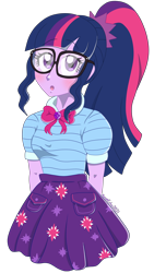 Size: 1836x3264 | Tagged: safe, artist:kayeecho, sci-twi, twilight sparkle, equestria girls, g4, my little pony equestria girls: better together, :o, arm behind back, blushing, clothes, cute, female, geode of telekinesis, glasses, high res, looking at you, magical geodes, open mouth, ponytail, simple background, skirt, solo, transparent background, twiabetes