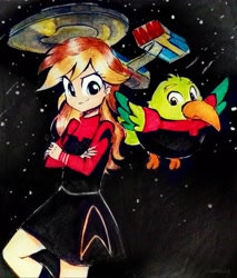 Size: 2780x3256 | Tagged: safe, artist:liaaqila, oc, oc only, oc:captain becky ray shoichet, oc:commander inat'p, bird, parakeet, star trek: sunset shimmer, equestria girls, equestria girls series, g4, clothes, crossover, duo, duo focus, high res, it's not about the parakeet, rebecca shoichet, ship, space, spaceship, star trek, starfleet, starfleet uniform, starship, traditional art, uniform, uss sunset shimmer, voice actor reference