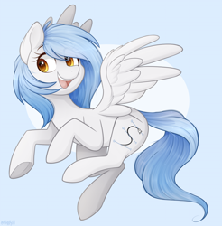 Size: 1200x1221 | Tagged: safe, artist:higglytownhero, oc, oc only, oc:vector cloud, pegasus, pony, g4, cute, female, flying, ocbetes, open mouth, pegasus oc, smiling, solo, spread wings, wings