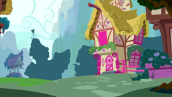 Size: 1280x720 | Tagged: safe, screencap, bridle gossip, g4, season 1, background, cloud, day, flower, no pony, ponyville, scenic ponyville