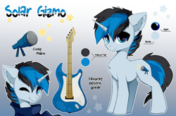 Size: 6050x4000 | Tagged: safe, artist:xsatanielx, oc, oc only, oc:solar gizmo, pony, unicorn, chest fluff, clothes, commission, ear fluff, horn, looking at you, male, one eye closed, reference sheet, scarf, simple background, stallion, tail, two toned mane, two toned tail, unicorn oc, wink, winking at you