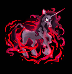 Size: 1024x1055 | Tagged: safe, artist:tuherrus, oleander (tfh), classical unicorn, pony, unicorn, them's fightin' herds, angry, black background, cloven hooves, community related, dark magic, female, four eyes, horn, leonine tail, magic, nightmare fuel, open mouth, simple background, solo, unshorn fetlocks