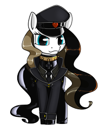 Size: 3980x4800 | Tagged: safe, artist:dacaoo, oc, oc only, oc:chocolate fudge, earth pony, pony, clothes, collar, commission, fluffy, heart, high heels, iron cross, latex, latex suit, looking at you, overcoat, rubber, shoes, simple background, solo, spiked collar, transparent background, uniform, uniform hat