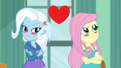 Size: 1280x720 | Tagged: safe, edit, edited screencap, screencap, fluttershy, trixie, a little birdie told me, equestria girls, g4, my little pony equestria girls: better together, blushing, female, lesbian, shipping, trixieshy