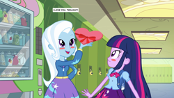 Size: 1920x1080 | Tagged: safe, edit, edited screencap, screencap, trixie, twilight sparkle, equestria girls, g4, my little pony equestria girls, blushing, female, lesbian, ship:twixie, shipping