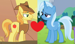 Size: 846x497 | Tagged: safe, edit, edited screencap, screencap, braeburn, trixie, earth pony, pony, unicorn, g4, no second prances, over a barrel, season 1, season 6, female, male, shipping, shipping domino, stallion, straight, trixburn