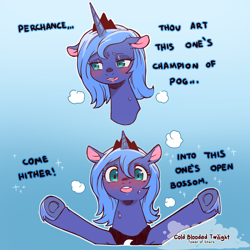 Size: 1200x1200 | Tagged: safe, artist:cold-blooded-twilight, princess luna, alicorn, pony, g4, blushing, blushing profusely, bronybait, crown, cute, dialogue, female, floppy ears, hoof shoes, incoming hug, jewelry, looking at you, lunabetes, mare, meme, my little pogchamp, open arms, open mouth, panting, peytral, pogchamp, regalia, s1 luna, shy, simple background, solo, sparkles, spread legs, spreading, sweat, underhoof, ye olde english
