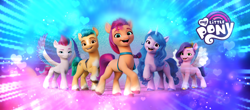 Size: 1640x720 | Tagged: safe, edit, editor:doraeartdreams-aspy, hitch trailblazer, izzy moonbow, pipp petals, sunny starscout, zipp storm, earth pony, pegasus, pony, unicorn, g5, abstract background, cutie mark, diverse body types, female, group shot, heart, logo, looking at you, male, mane five, mare, my little pony logo, open mouth, smiling, smirk, stallion, zipp smirk