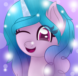Size: 1412x1384 | Tagged: safe, artist:glorysiamelodyyt, izzy moonbow, pony, unicorn, g5, abstract background, bust, cute, ear fluff, eyelashes, female, izzybetes, looking at you, mare, one eye closed, open mouth, portrait, solo, wink