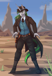 Size: 829x1200 | Tagged: safe, artist:sunny way, oc, oc only, unicorn, anthro, unguligrade anthro, boots, clothes, cloud, cowboy, cowboy hat, day, desert, digital art, duel, finished commission, grass, gun, gunslinger, handgun, hat, horn, jacket, looking at you, male, necktie, outdoors, pants, ready, revolver, shirt, shoes, sky, solo, stallion, standing, vest, weapon, wild west