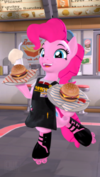 Size: 2160x3840 | Tagged: safe, artist:owlpirate, pinkie pie, earth pony, pony, g4, 3d, apron, bipedal, burger, cheeseburger, clothes, food, hamburger, high res, meat, milkshake, open mouth, ponies eating meat, roller skates, smiling, solo, source filmmaker, standing, standing on one leg, waitress