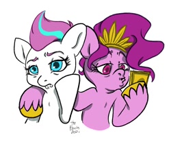 Size: 1074x888 | Tagged: safe, artist:ilcerbiastrello, pipp petals, zipp storm, pegasus, pony, g5, cellphone, duo, female, hoof hold, mare, phone, selfie, siblings, signature, simple background, sisters, smartphone, unshorn fetlocks, white background