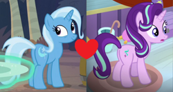 Size: 844x451 | Tagged: safe, edit, edited screencap, screencap, starlight glimmer, trixie, g4, butt, female, glimmer glutes, heart, lesbian, plot, ship:startrix, shipping, shipping domino, the great and powerful ass