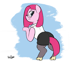 Size: 2475x2131 | Tagged: safe, artist:datzigga, pinkie pie, earth pony, pony, g4, clothes, glasses, high heels, high res, looking back, pencil skirt, pinkamena diane pie, shoes, skirt, sleeveless, solo