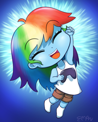 Size: 960x1200 | Tagged: safe, artist:empyu, part of a set, rainbow dash, equestria girls, g4, blue background, chibi, clothes, controller, cute, dashabetes, eyes closed, female, gradient background, open mouth, shorts, simple background, socks, solo, tank top, younger