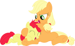 Size: 3500x2138 | Tagged: safe, artist:porygon2z, apple bloom, applejack, earth pony, pony, g4, ^^, adorabloom, cute, duo, duo female, eyes closed, female, hatless, high res, laughing, missing accessory, noogie, open mouth, sibling love, simple background, sisterly love, transparent background, vector