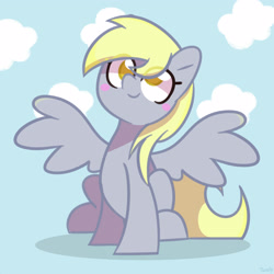 Size: 3800x3800 | Tagged: safe, artist:tokkii, derpy hooves, pegasus, pony, g4, blush sticker, blushing, cute, derpabetes, female, high res, mare, no pupils, sitting, solo