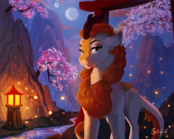 Size: 3000x2400 | Tagged: safe, artist:silentwulv, autumn blaze, firefly (insect), insect, kirin, g4, cherry blossoms, crescent moon, female, flower, flower blossom, high res, lantern, lidded eyes, moon, night, river, solo, stream, torii, water