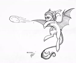 Size: 1920x1587 | Tagged: safe, artist:alrumoon_art, oc, oc only, oc:alruna moonrise, bat pony, pony, black and white, chest fluff, clothes, eyebrow slit, eyebrows, flying, grayscale, hat, hatching (technique), leonine tail, monochrome, scarf, signed, simple background, snow, snowball, solo, throwing