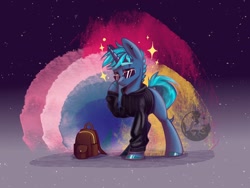 Size: 1920x1440 | Tagged: safe, artist:alrumoon_art, oc, oc only, pony, unicorn, abstract background, backpack, clothes, hoodie, solo, sparkles, sunglasses