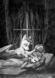 Size: 2098x2982 | Tagged: safe, artist:alrumoon_art, oc, oc only, oc:alruna moonrise, bat pony, pegasus, pony, duo, grayscale, hatching (technique), high res, looking at someone, monochrome, pillow, sleeping, window