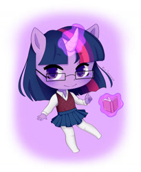 Size: 1296x1579 | Tagged: safe, artist:misssqueorge, part of a set, twilight sparkle, unicorn, anthro, g4, ambiguous facial structure, book, chibi, clothes, colored pupils, cute, female, glasses, looking at you, magic, pleated skirt, skirt, solo, stockings, sweater vest, telekinesis, thigh highs, twiabetes, unicorn twilight