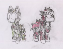Size: 3759x2944 | Tagged: safe, artist:foxtrot3, earth pony, pony, armor, armored pony, duo, high res, monster hunter, visor