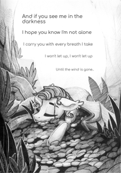 Size: 1548x2217 | Tagged: safe, artist:alrumoon_art, oc, oc only, oc:alruna moonrise, bat pony, pony, blood, grayscale, hatching (technique), injured, monochrome, poetry, solo, traditional art