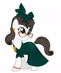 Size: 1280x1536 | Tagged: safe, artist:mylittlepastafarian, writing desk, earth pony, pony, unicorn, g4, bracelet, clothes, dress, ear piercing, earring, female, glasses, green dress, hat, jewelry, makeover, mare, piercing, pillbox hat