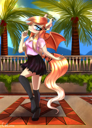 Size: 2000x2760 | Tagged: safe, artist:cali luminos, oc, oc:peach lace, bat pony, anthro, unguligrade anthro, bedroom eyes, blushing, choker, clothes, dress, ear fluff, ear piercing, earring, fangs, female, high res, jewelry, looking at you, piercing, pose, shirt, skirt, standing, standing on one leg, stockings, tail wrap, thigh highs