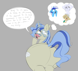 Size: 2300x2086 | Tagged: safe, artist:taurson, mayor mare, minuette, oc, oc:dental authority, earth pony, ghost, pony, undead, unicorn, g4, blushing, blushing profusely, butt, cloth, collar, commissioner:bigonionbean, cutie mark, dialogue, embarrassed, extra thicc, female, flank, fusion, fusion:mayor mare, glasses, high res, large butt, magic, mare, parent:mayor mare, parent:minuette, passed out, plot, sweat, thought bubble, writer:bigonionbean