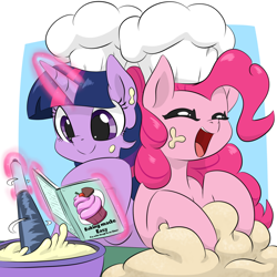 Size: 1000x1000 | Tagged: safe, artist:dendollae, pinkie pie, twilight sparkle, alicorn, earth pony, pony, g4, baking, book, bowl, chef's hat, cooking, cute, diapinkes, dough, duo, duo female, eyes closed, female, hat, kneading, magic, mare, mixing, open mouth, open smile, smiling, telekinesis, twiabetes, twilight sparkle (alicorn)