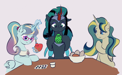 Size: 3112x1908 | Tagged: safe, artist:drafthoof, oc, oc only, oc:earthing elements, oc:empress sacer malum, oc:queen fresh care, alicorn, hybrid, pony, alicorn oc, alicorn princess, bowl, changeling oc, changeling queen oc, collar, commission, commissioner:bigonionbean, curious, easter, easter egg, egg, female, fusion, fusion:carrot top, fusion:cloudy quartz, fusion:derpy hooves, fusion:golden harvest, fusion:king sombra, fusion:mayor mare, fusion:minuette, fusion:nightmare moon, fusion:posey shy, fusion:queen chrysalis, fusion:twilight velvet, fusion:windy whistles, glasses, high res, holiday, horn, jewelry, levitation, magic, mare, painting, parent:cloudy quartz, parent:king sombra, parent:nightmare moon, parent:posey shy, parent:princess luna, parent:queen chrysalis, parent:twilight velvet, parent:windy whistles, regalia, royalty, table, telekinesis, trio, wings, writer:bigonionbean
