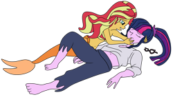 Size: 5160x2900 | Tagged: safe, artist:jadeharmony, sci-twi, sunset shimmer, twilight sparkle, mermaid, fanfic:sunset shimmer discovers her feet, equestria girls, g4, bra, crossover, eyes closed, fanfic, fanfic art, female, glasses, high res, lesbian, mermaidized, mermay, open mouth, seashell, seashell bra, ship:sci-twishimmer, ship:sunsetsparkle, shipping, shipping fuel, simple background, species swap, the little mermaid, transparent background