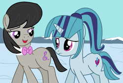 Size: 1045x704 | Tagged: safe, artist:jadeharmony, octavia melody, sonata dusk, earth pony, pony, unicorn, g4, the crystal empire, bowtie, equestria girls ponified, female, frown, happy, lesbian, looking at each other, mare, open mouth, open smile, ponified, sad, shipping, smiling, snow, sontavia