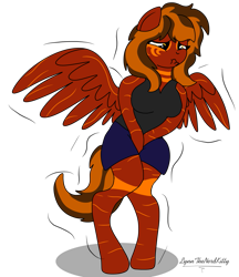 Size: 1105x1280 | Tagged: safe, artist:small-brooke1998, oc, oc:sound breaker, pegasus, anthro, unguligrade anthro, breasts, clothes, desperation, embarrassed, need to pee, omorashi, potty dance, potty emergency, potty time, scrunchy face, shivering, simple background, skirt, standing, white background