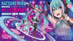 Size: 1920x1080 | Tagged: safe, kotobukiya, earth pony, human, pony, official, armpits, bishoujo, blue eyes, clothes, collaboration, copyright, crossover, cutie mark, detached sleeves, eyebrows, eyelashes, female, hasbro, hatsune miku, headset, high heels, human ponidox, japanese, kotobukiya hatsune miku pony, logo, mare, microphone, multicolored hair, music notes, my little pony logo, necktie, official crossover, pigtails, ponified, pony history, self ponidox, shoes, skirt, text, twintails, vocaloid