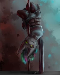 Size: 1080x1350 | Tagged: safe, artist:art_by_toffeety, oc, oc only, earth pony, pony, abs, abstract background, clothes, earth pony oc, male, pole dancing, shorts, solo, stallion, stripper pole, upside down