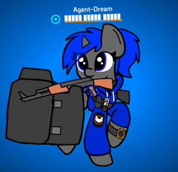 Size: 1172x1134 | Tagged: safe, artist:two2sleepy, oc, oc only, oc:dream vezpyre, oc:dream², pony, unicorn, ak-47, assault rifle, gun, health bars, ponytail, rifle, shield, solo, the division, tom clancy, tom clancy's the division, video game, weapon