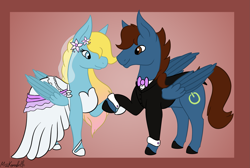 Size: 2167x1453 | Tagged: safe, artist:misskanabelle, oc, oc only, pegasus, pony, abstract background, clothes, dress, female, holding hooves, male, mare, oc x oc, pegasus oc, shipping, signature, stallion, straight, suit, wedding dress, wings