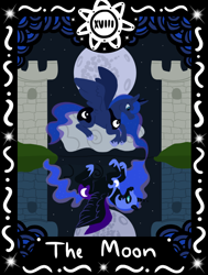 Size: 714x945 | Tagged: safe, artist:misskanabelle, nightmare moon, princess luna, alicorn, pony, g4, duality, ethereal mane, female, full moon, helmet, horn, mare, moon, peytral, reflection, signature, starry mane, tarot card, wings